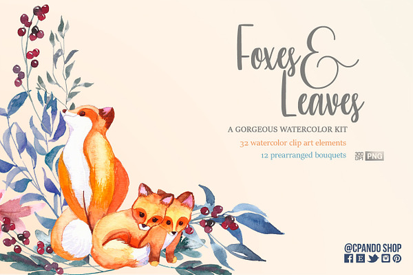 Foxes and Leaves watercolor clipart