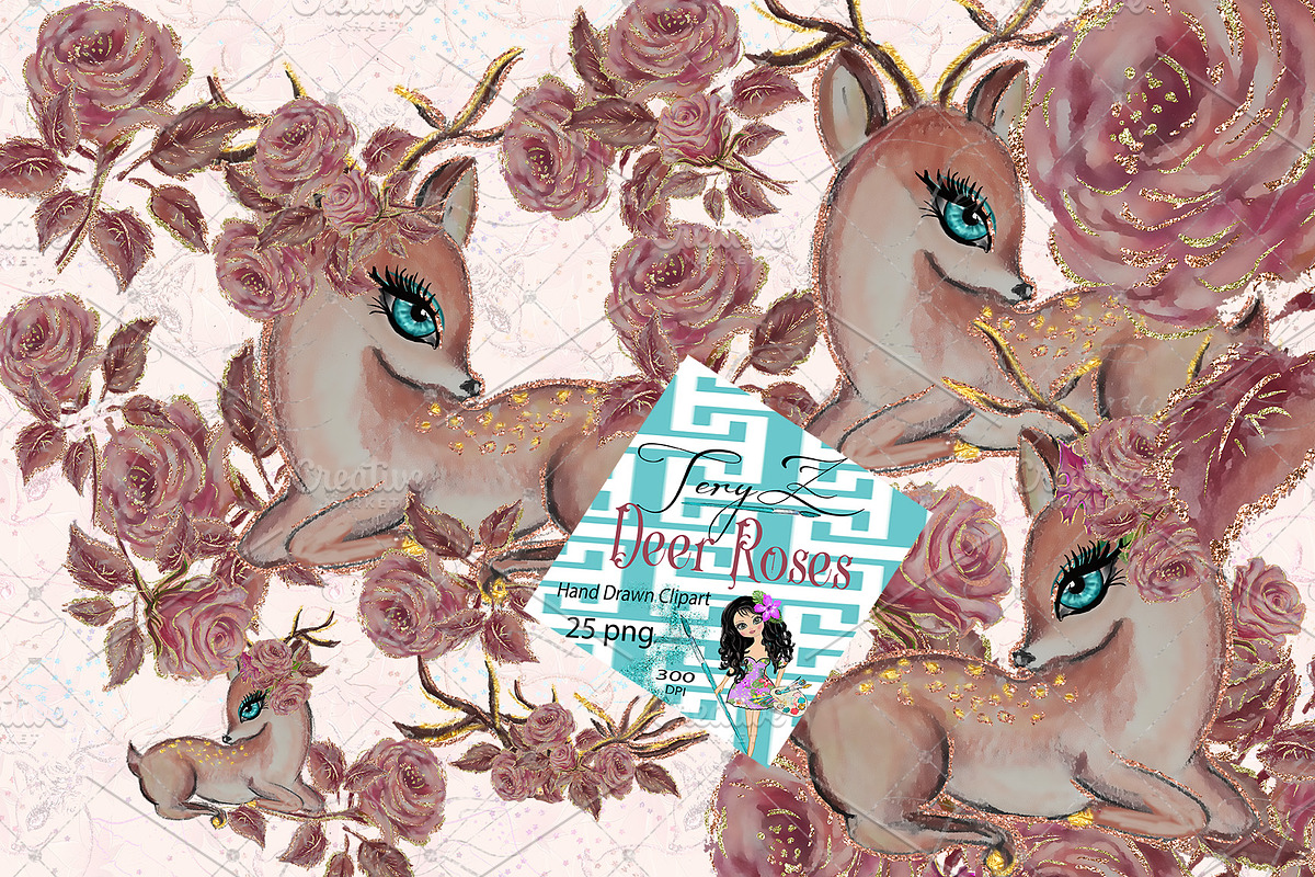 Deer Roses Clipart Nursery Art in Illustrations - product preview 8