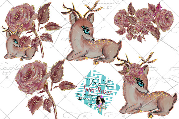 Deer Roses Clipart Nursery Art in Illustrations - product preview 1