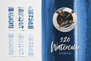 120 Watercolor Texture Elements Blue