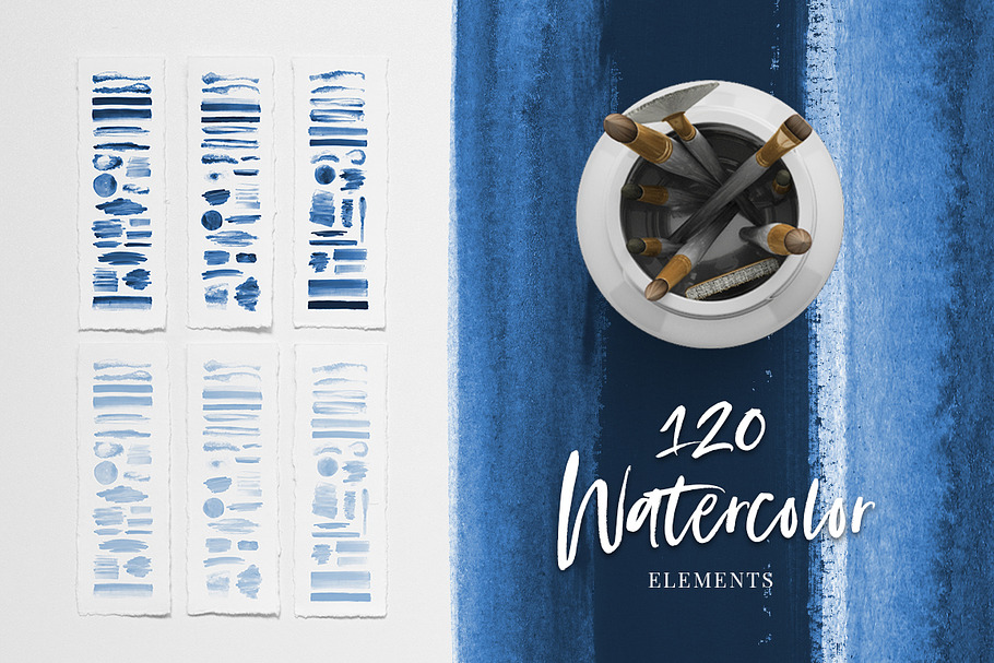 120 Watercolor Texture Elements Blue