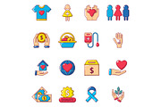 Charity icons set, cartoon style