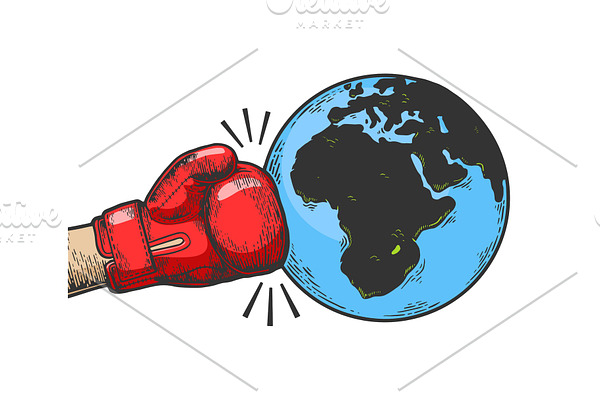 Hand boxing glove hits Earth sketch