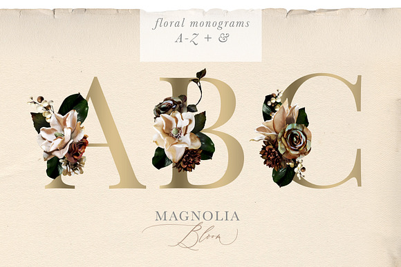 Magnolia Bloom Flowers & Monograms in Illustrations - product preview 2
