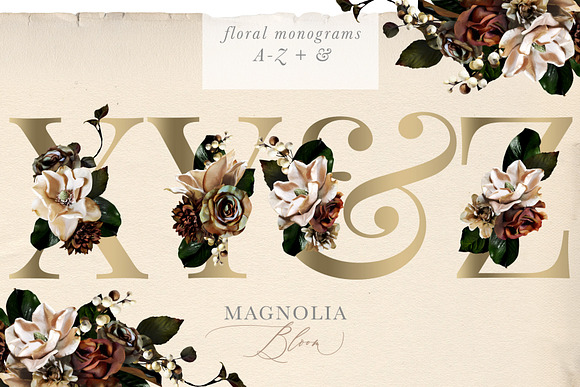 Magnolia Bloom Flowers & Monograms in Illustrations - product preview 7