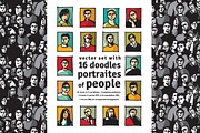 16 Doodles portraites of people set