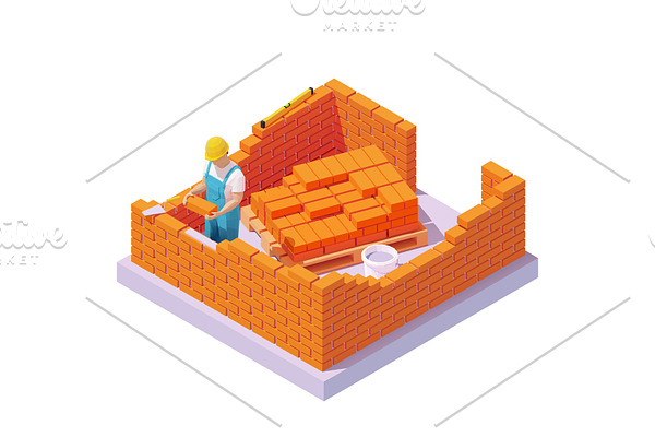 Bricklayer building brick wall