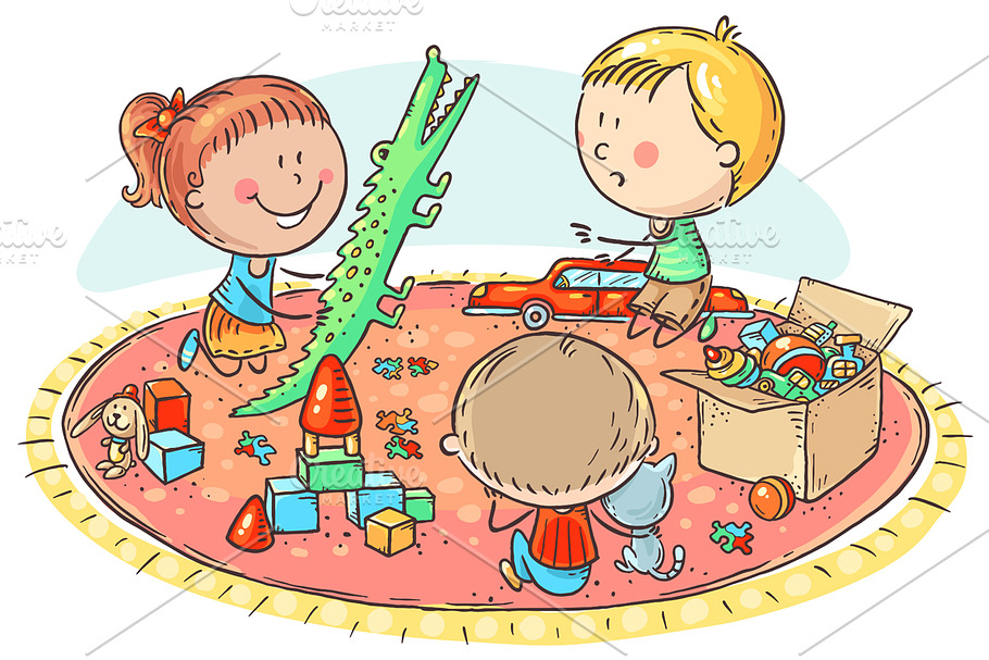 Kids playing with toys on the carpet in Illustrations - product preview 8