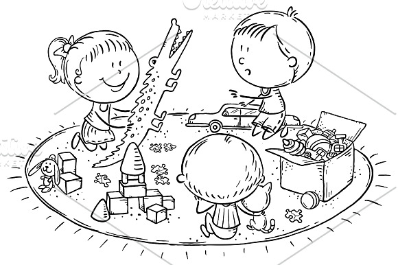 Kids playing with toys on the carpet in Illustrations - product preview 1