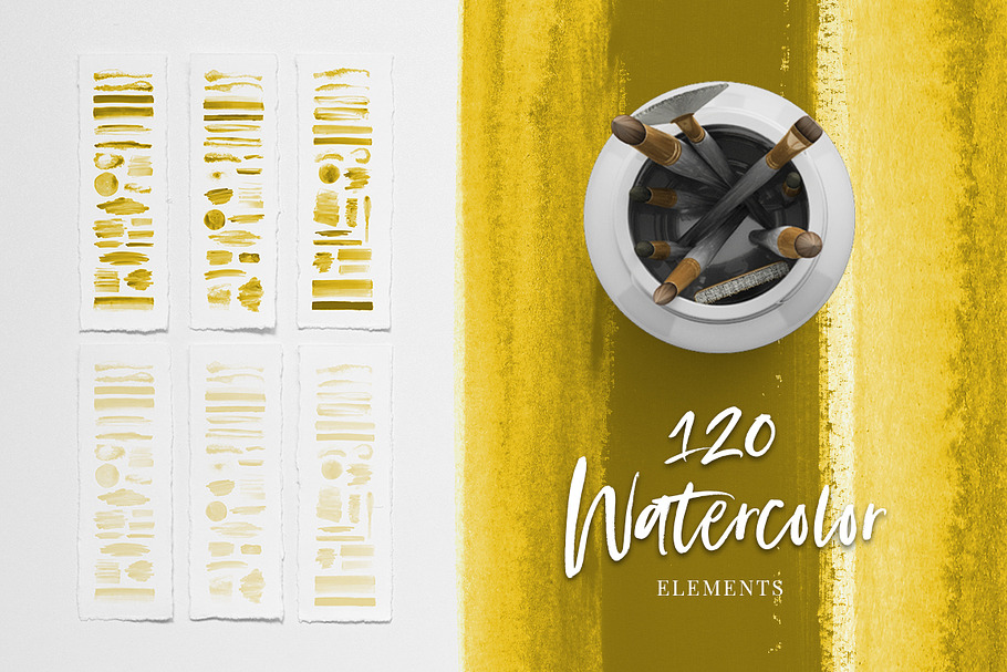 120 Watercolor Elements Yellow Gold in Textures - product preview 8