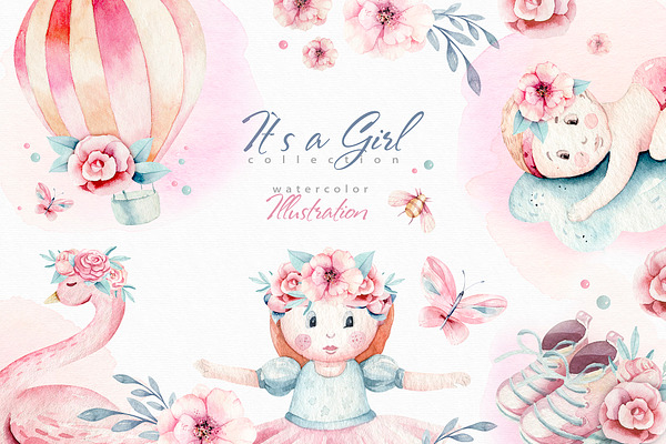 Baby girl watercolor collection