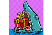 Shark with a gift box. Holiday