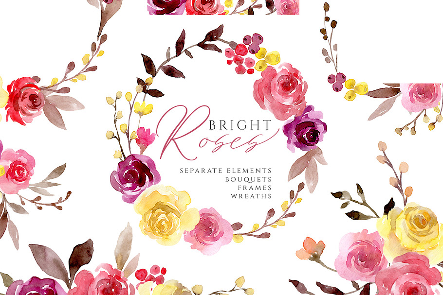 Bright Watercolor Flowers Roses PNG in Illustrations - product preview 8