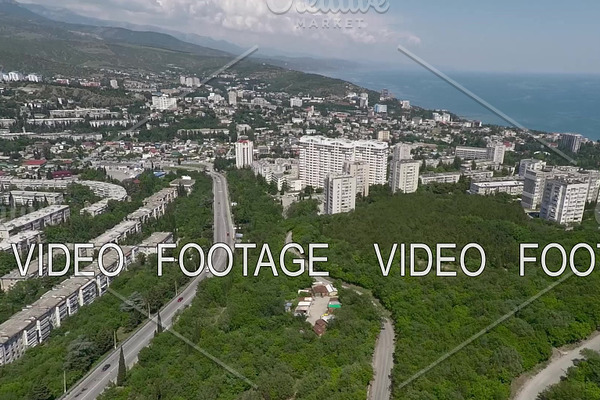 Flying over coastal city in Crimea