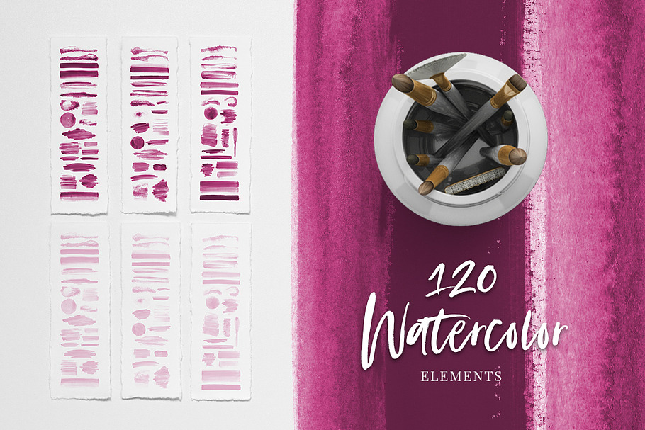 120 Watercolor Texture Elements Pink