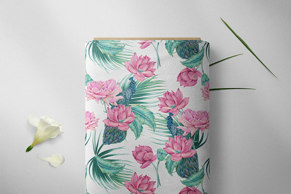 Pink flowers,leaves,peacock pattern in Patterns - product preview 1