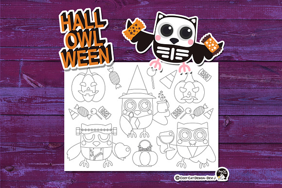 Owl Halloween Coloring Pages in Illustrations - product preview 3