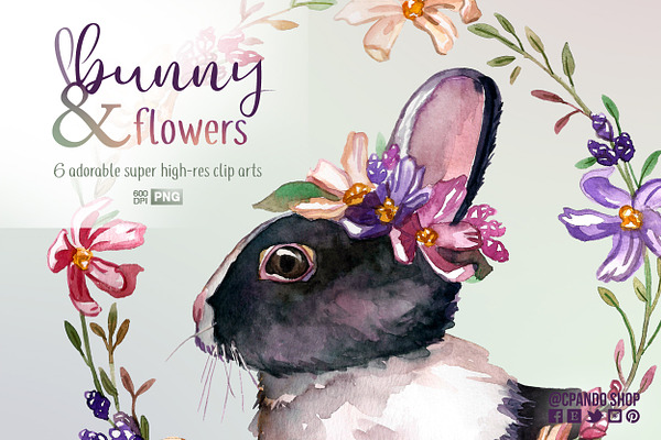 Bunny and flowers watercolor clipart