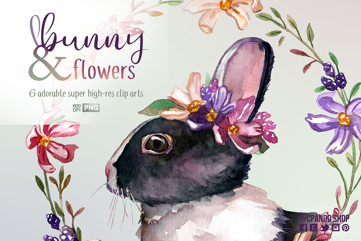 Bunny and flowers watercolor clipart in Illustrations - product preview 8