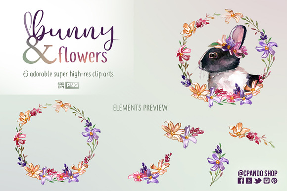 Bunny and flowers watercolor clipart in Illustrations - product preview 1
