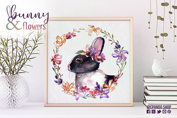 Bunny and flowers watercolor clipart in Illustrations - product preview 2