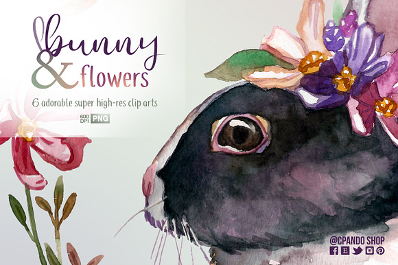 Bunny and flowers watercolor clipart in Illustrations - product preview 3