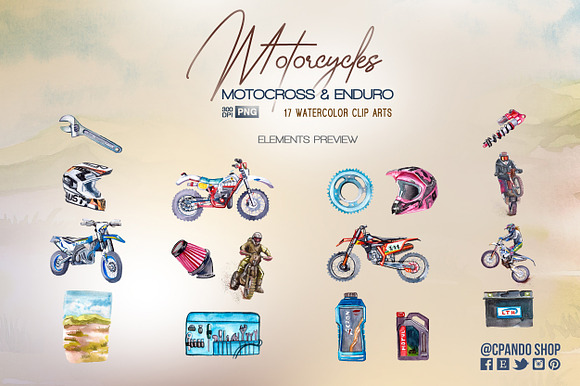 Motorcycle watercolor clip art in Illustrations - product preview 3