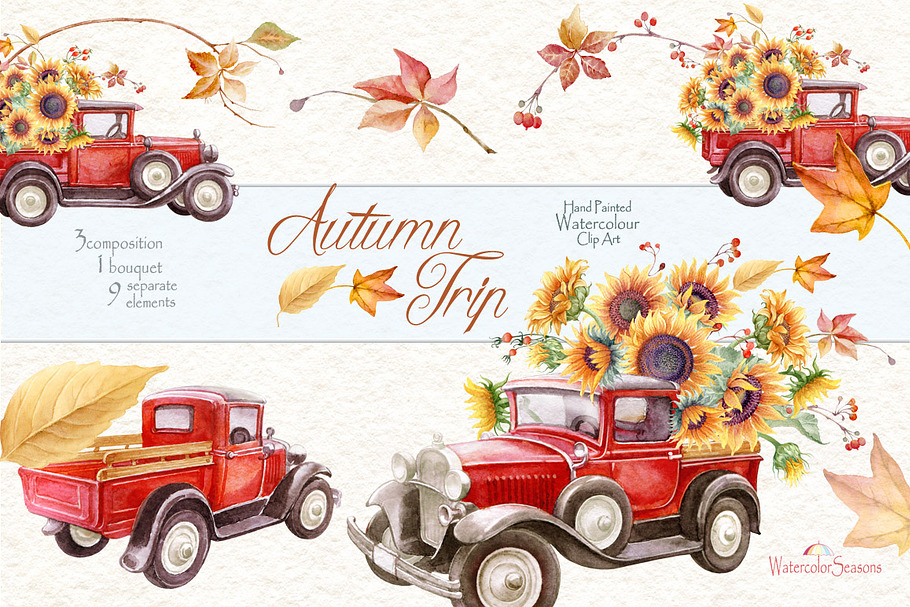 Red Truck with Sunflowers clipart