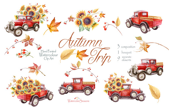 Red Truck with Sunflowers clipart in Graphics - product preview 1
