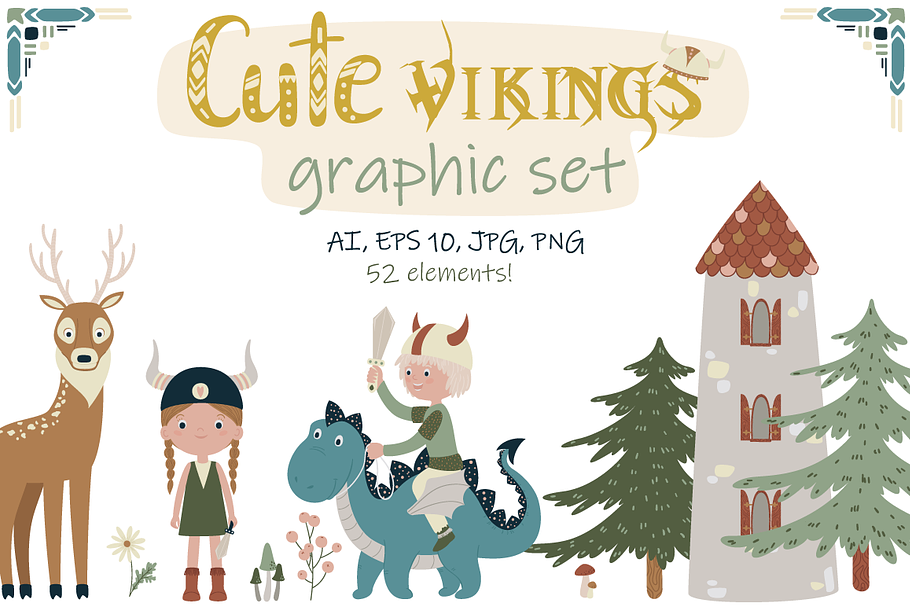 Cute Vikings Graphic Set in Illustrations - product preview 8