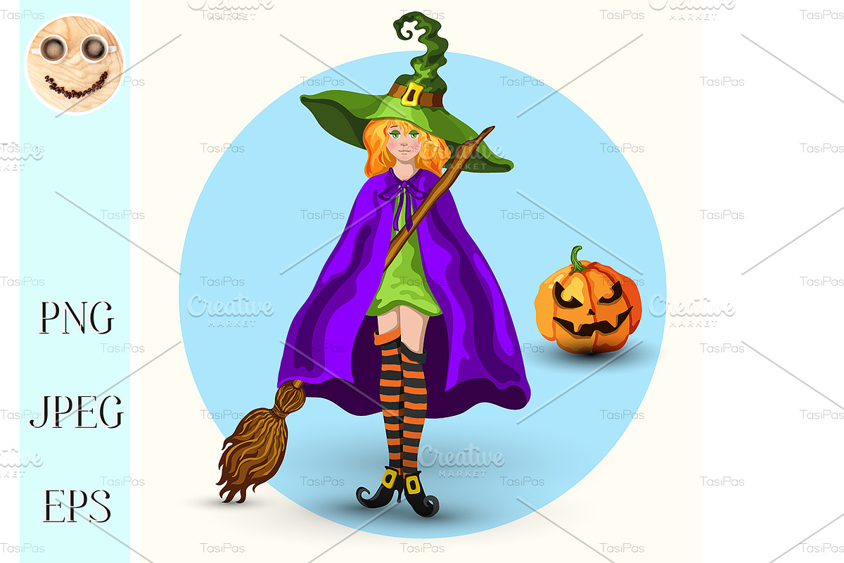 Witch in the green hat and lantern in Illustrations - product preview 8