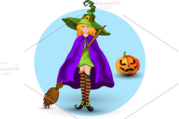 Witch in the green hat and lantern in Illustrations - product preview 2
