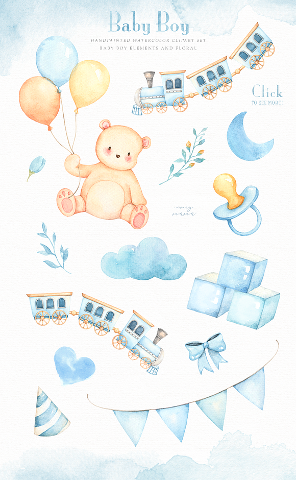 Baby Boy Watercolor Clip Arts in Illustrations - product preview 1