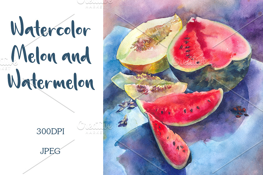 Watercolor melon and watermelon art in Illustrations - product preview 8