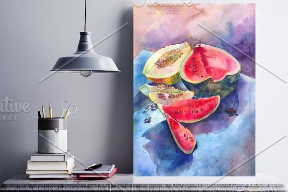 Watercolor melon and watermelon art in Illustrations - product preview 1