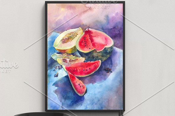 Watercolor melon and watermelon art in Illustrations - product preview 2