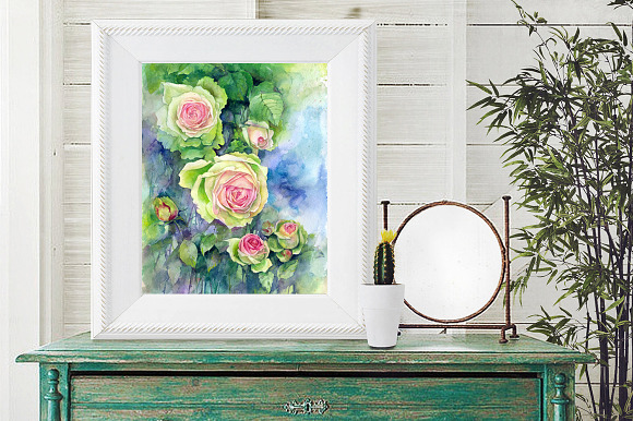 Watercolor green pink roses flowers in Illustrations - product preview 1