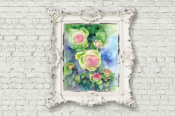 Watercolor green pink roses flowers in Illustrations - product preview 2