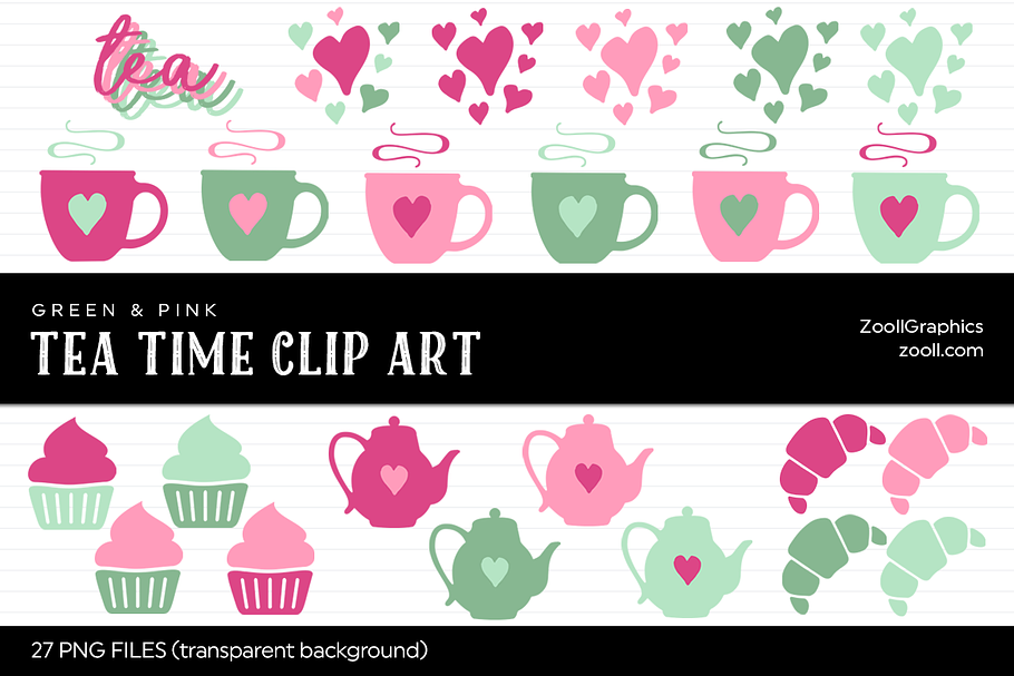 Tea Time Green & Pink Clip Art in Illustrations - product preview 8