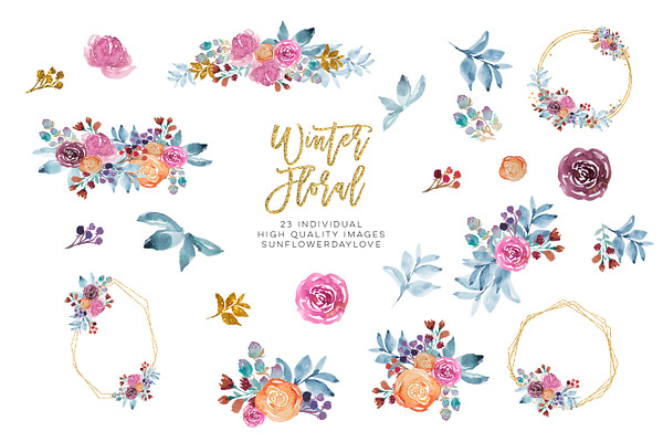 Winter Watercolor Flowers Clipart,