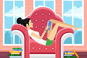 Cute woman in chair reading book