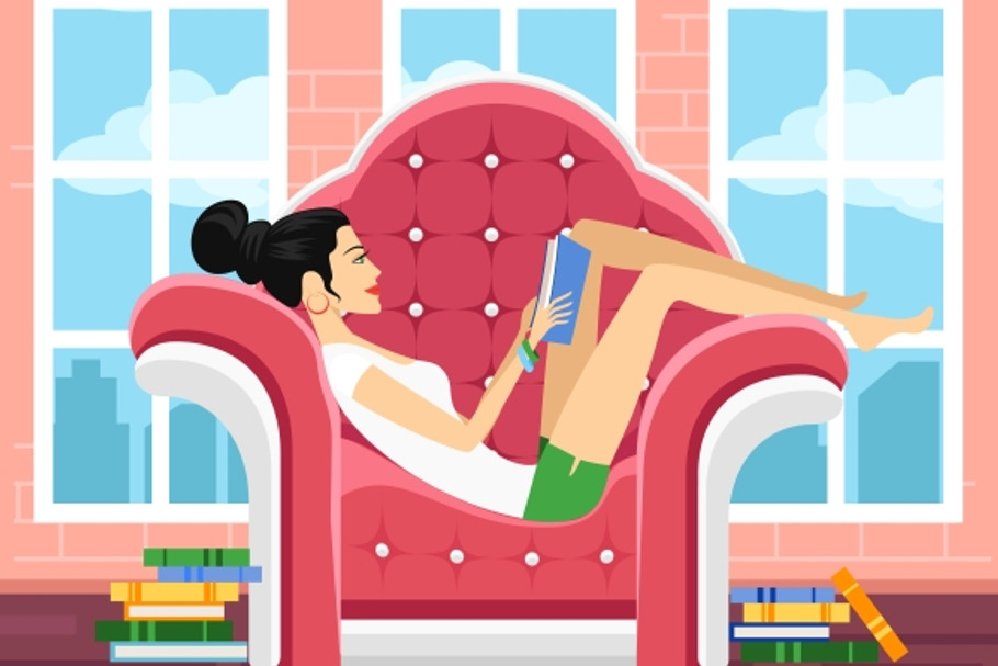 Cute woman in chair reading book in Graphics - product preview 8
