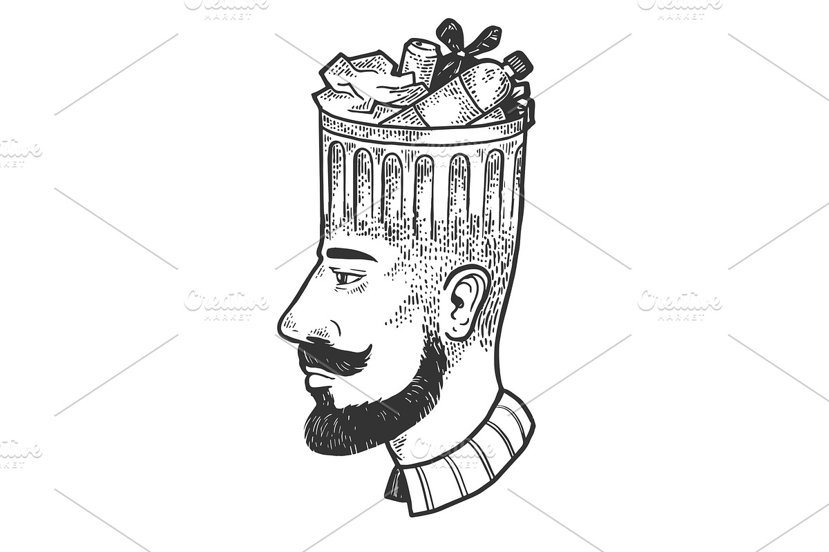 Trash can on head sketch engraving in Illustrations - product preview 8