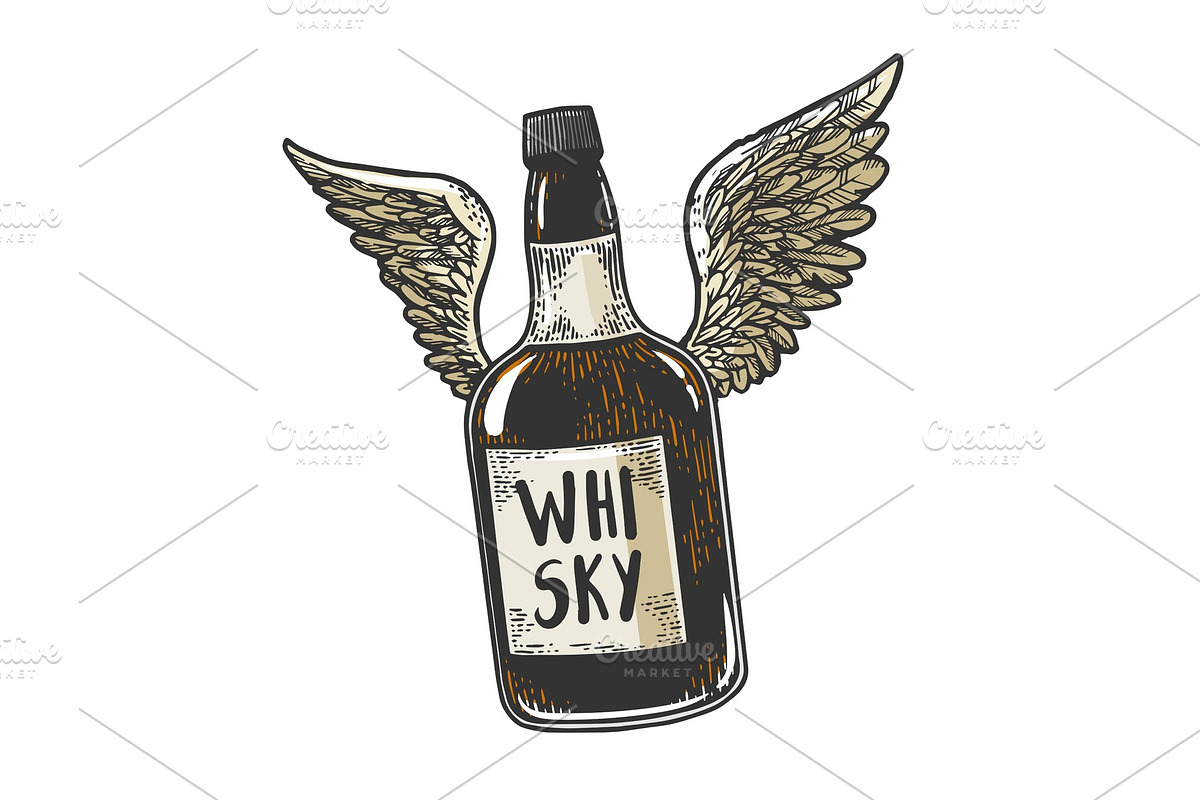 Flying whiskey bottle wings sketch in Illustrations - product preview 8
