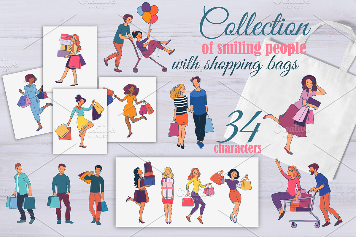 Smiling people with shopping bags in Illustrations - product preview 8