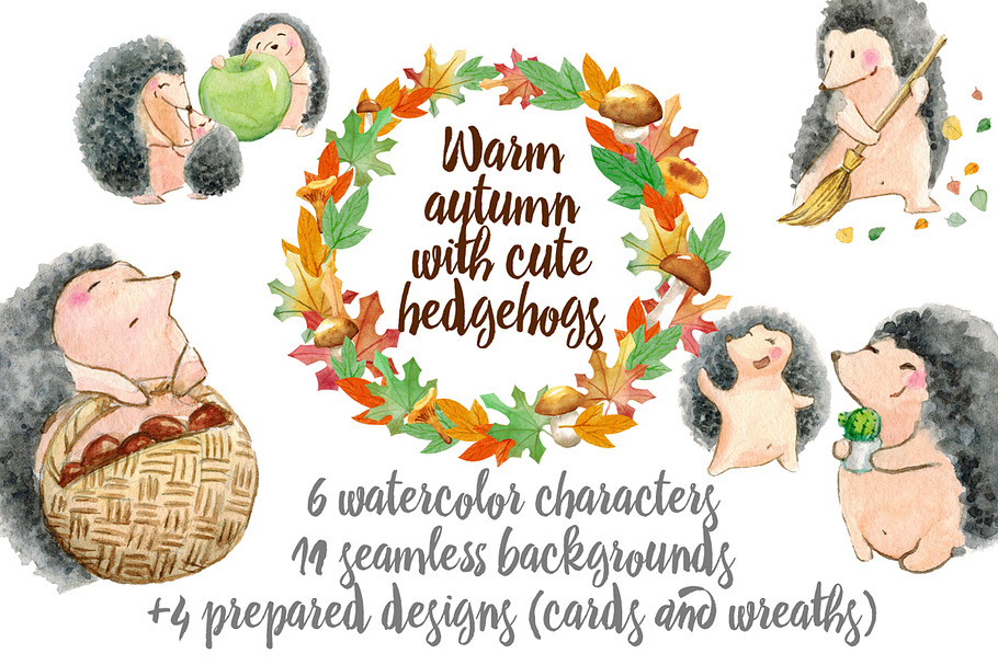 Warm autumn with cute hedgehogs