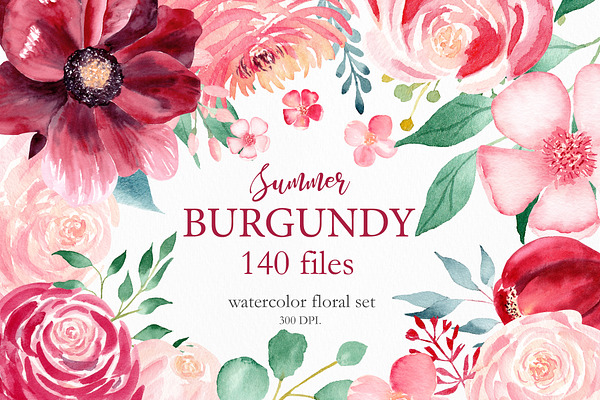 Watercolor Burgundy Floral Set