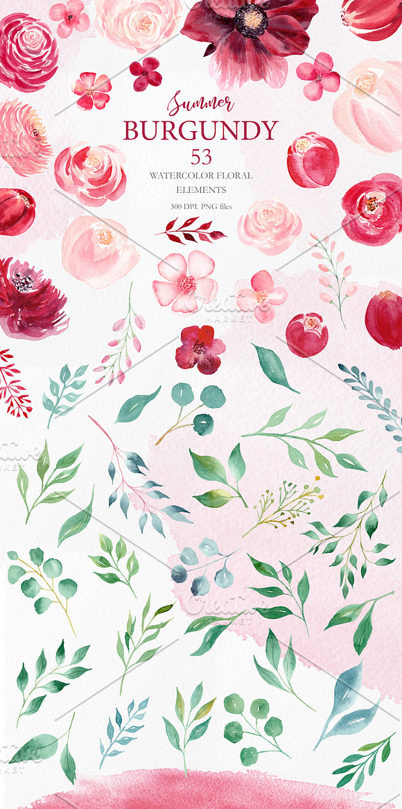 Watercolor Burgundy Floral Set in Illustrations - product preview 1