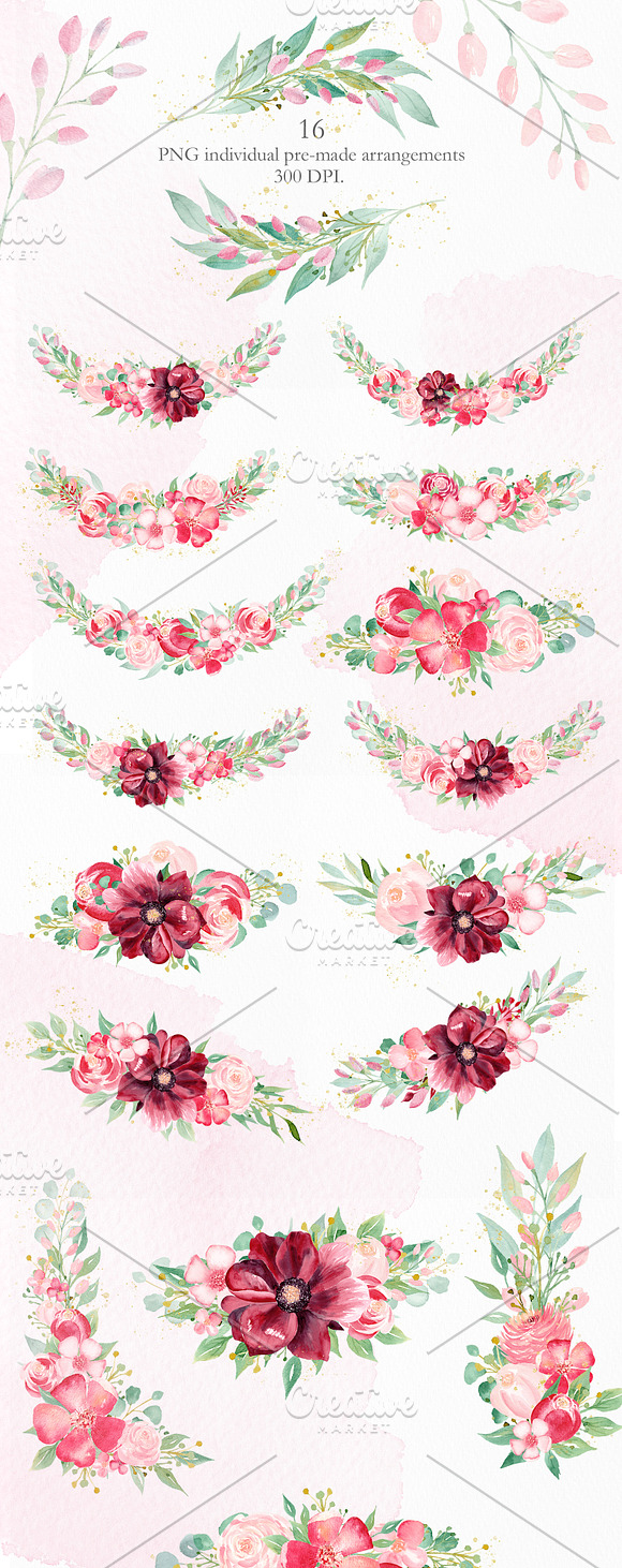 Watercolor Burgundy Floral Set in Illustrations - product preview 10