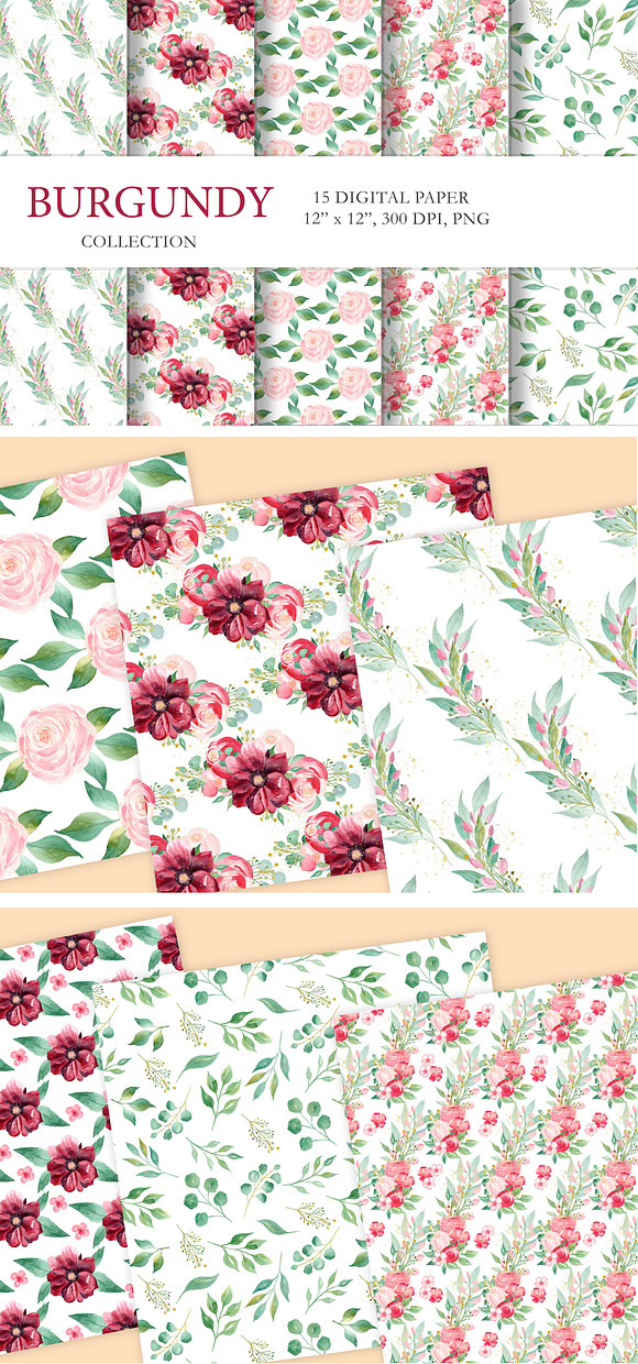 Watercolor Burgundy Floral Set in Illustrations - product preview 13